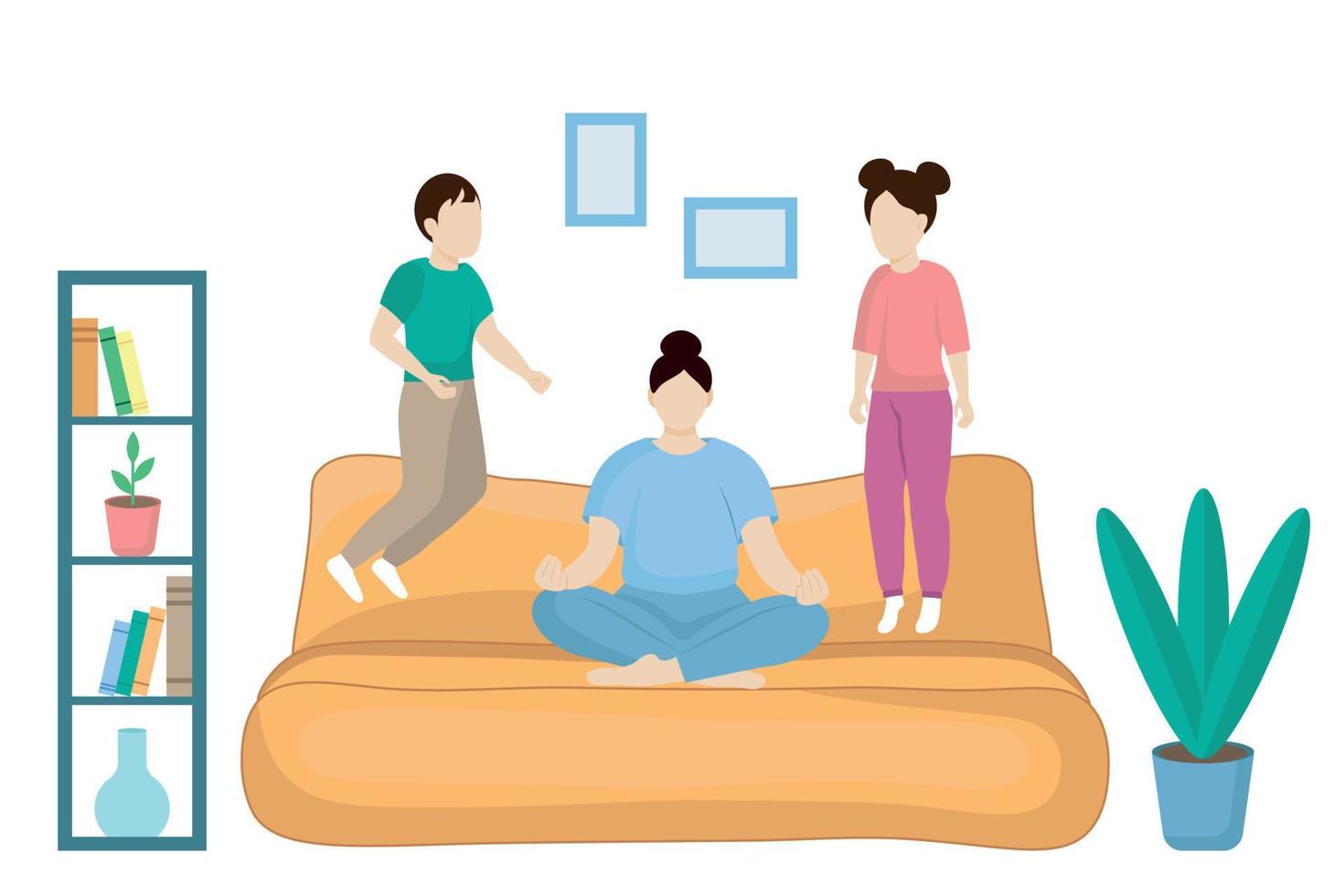 Mom sits on the sofa in a lotus position, ignoring the children jumping next to her, flat vector, faceless illustration, home interior vector