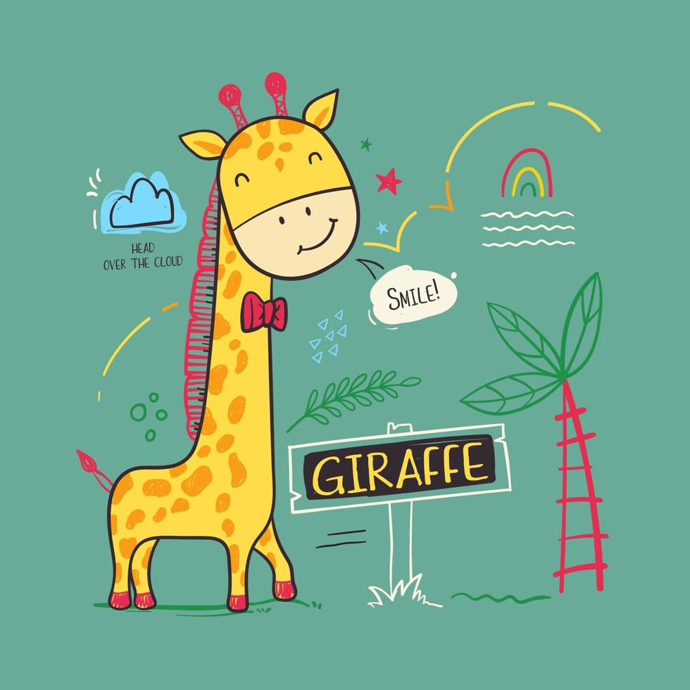 Cute cartoon giraffe smiling on trees and leaves background vector