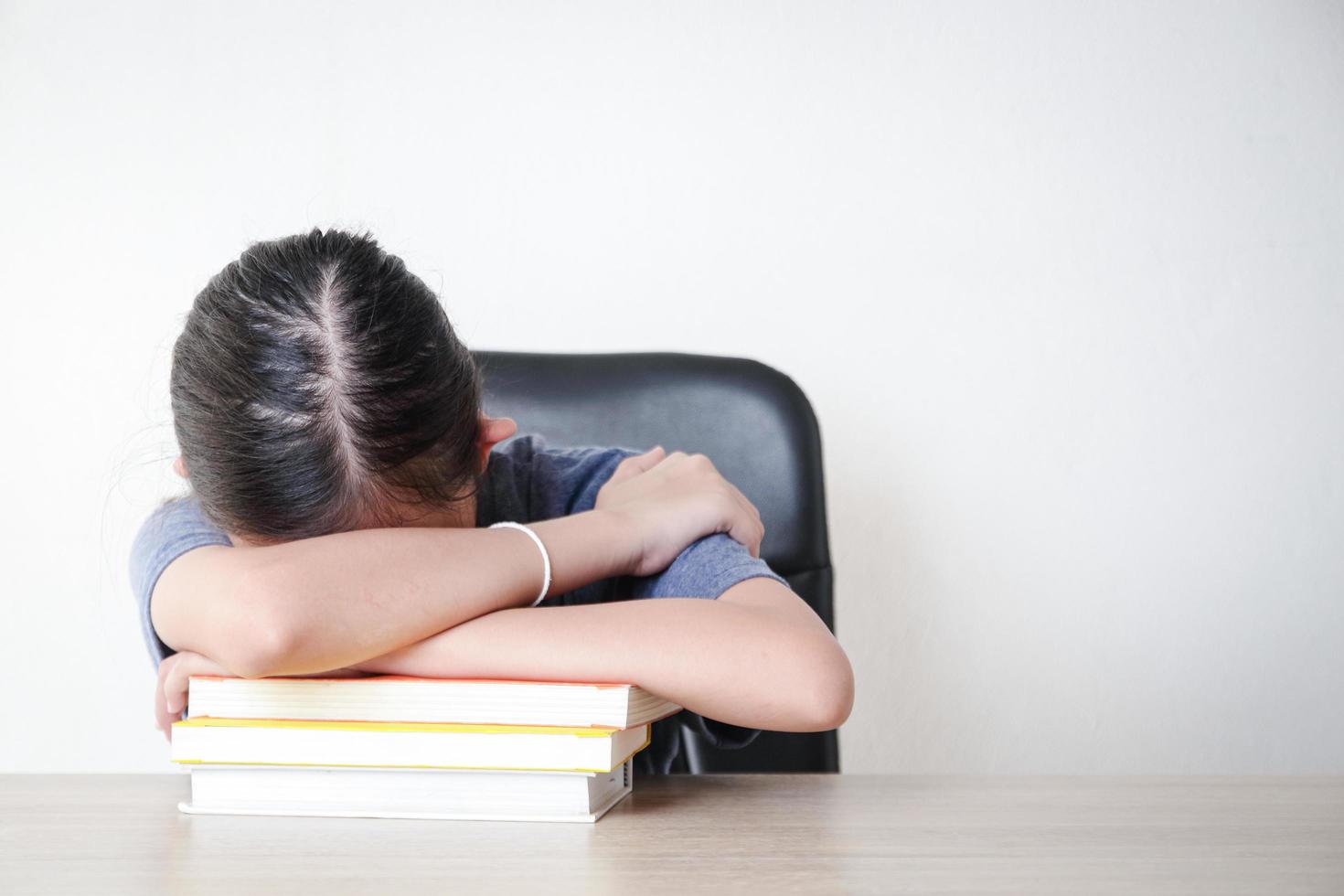 Asian female students study online from home Sit in the stress of studying. Concept of social distance, use of technology for education. copy space photo