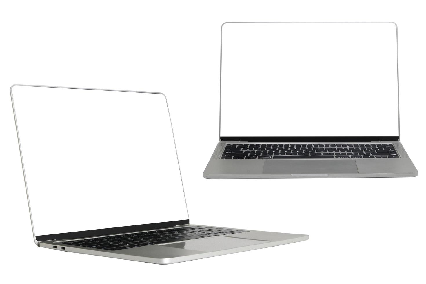 Black Laptop computer, white touch screen, two patterns. White background. The concept of digital technology, modern communication Connect online. isolated. Clipping Path photo