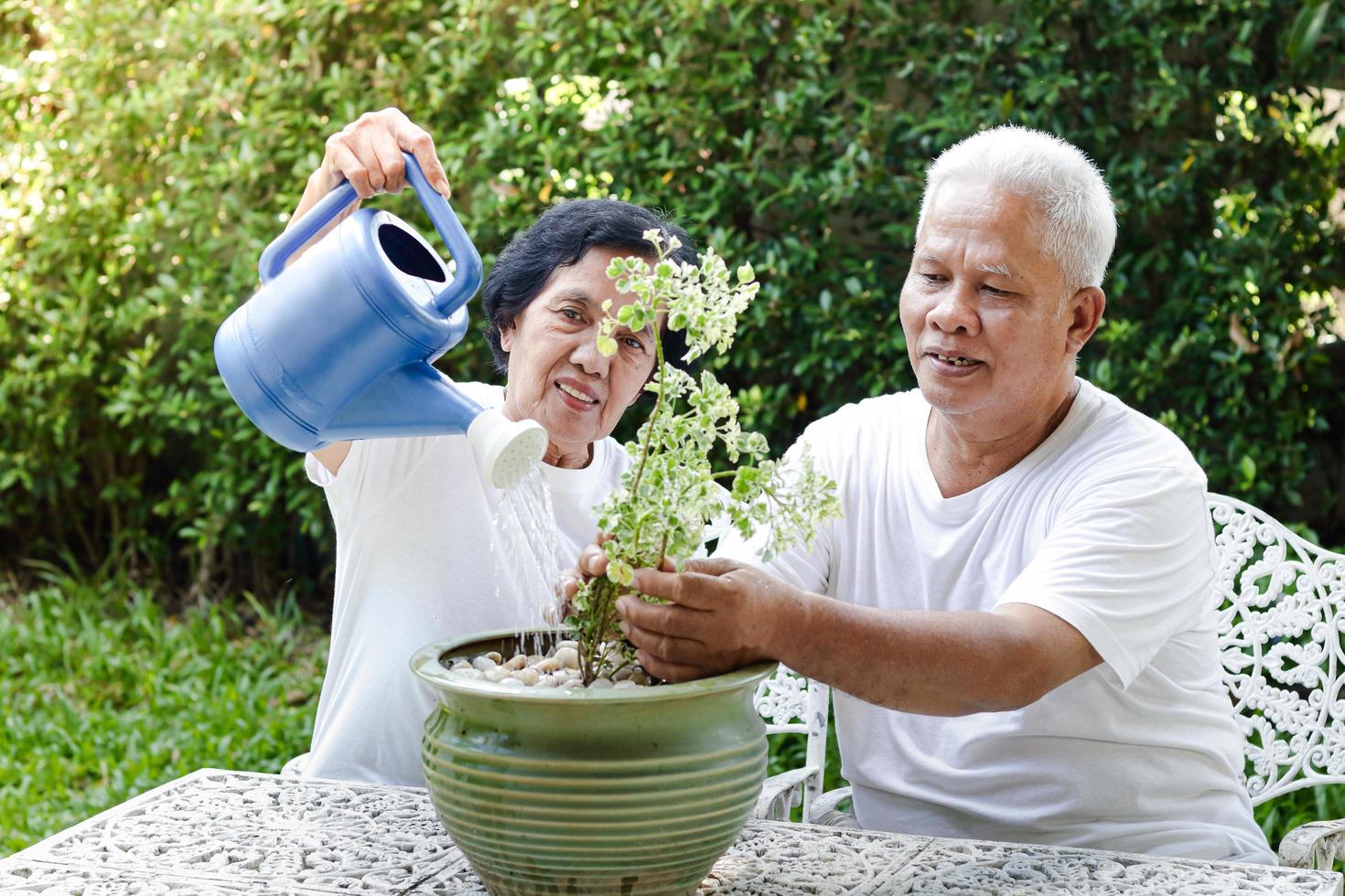una pareja de ancianos asiáticos ayuda a plantar árboles en macetas verdes en el jardín delantero. el concepto de un cuidado de la salud familiar feliz después de la jubilación. comunidad de ancianos foto