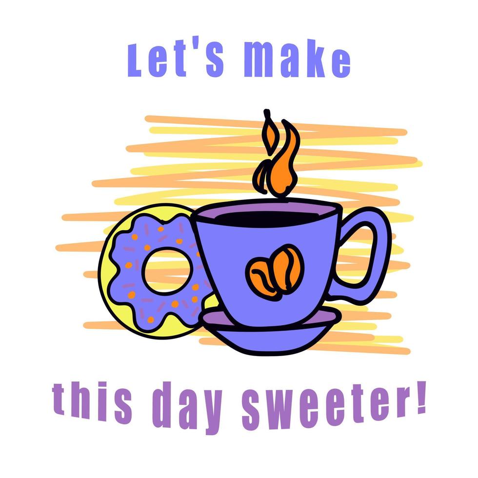Coffee and donut, plus accompanying text vector
