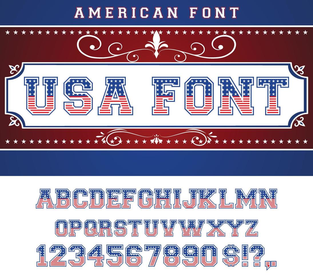 USA national flag stylized flat font. Alphabet and numbers in vector set