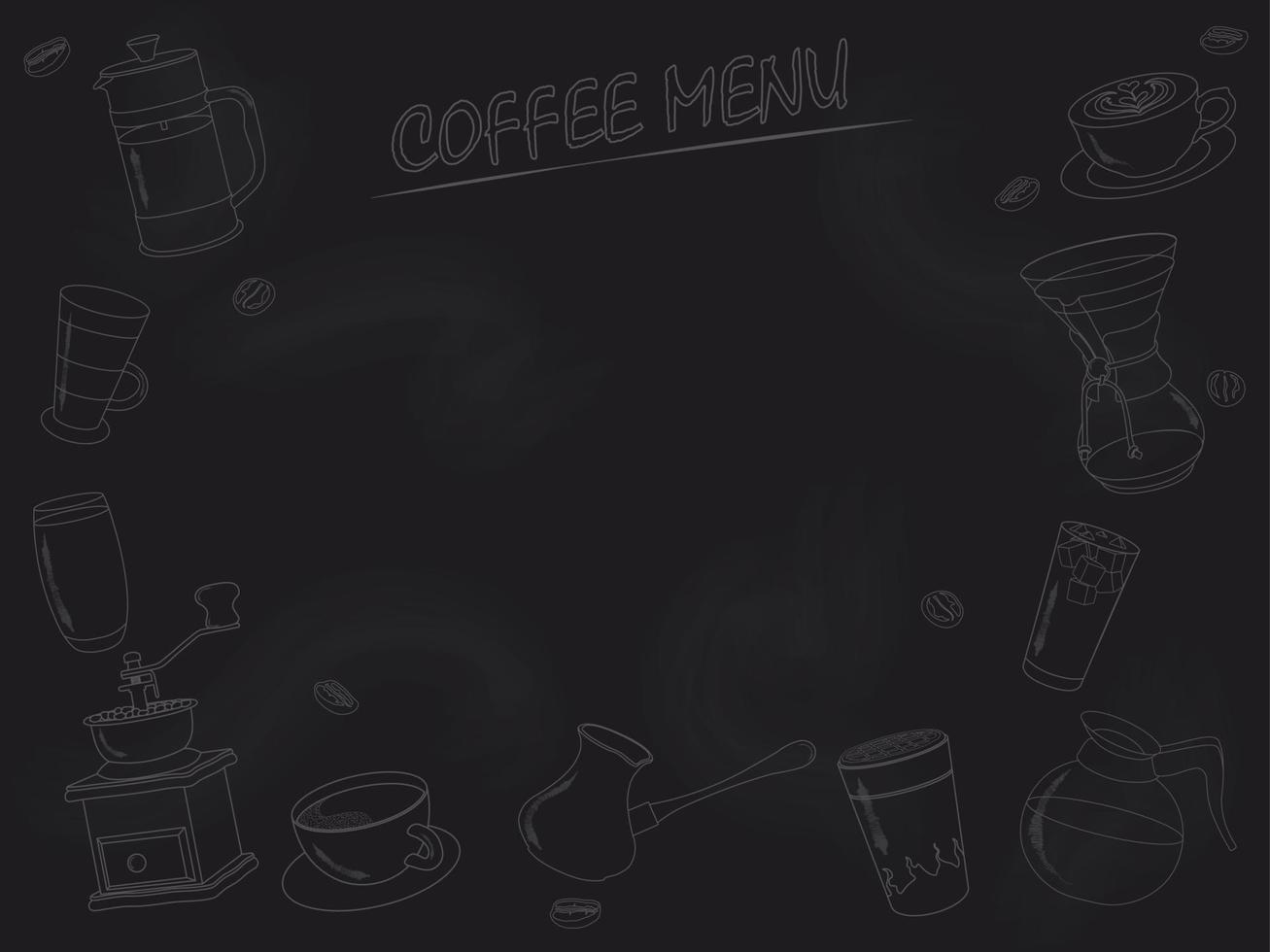 Coffee drinks menu with beverage contours and copy space drawn on blackboard vector illustration