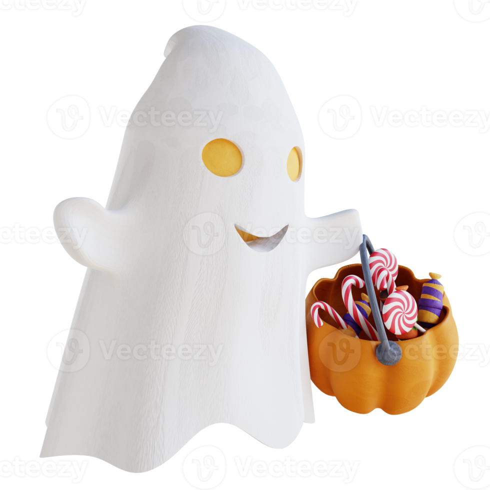 3d illustration cute ghost and pumpkin filled with candy png