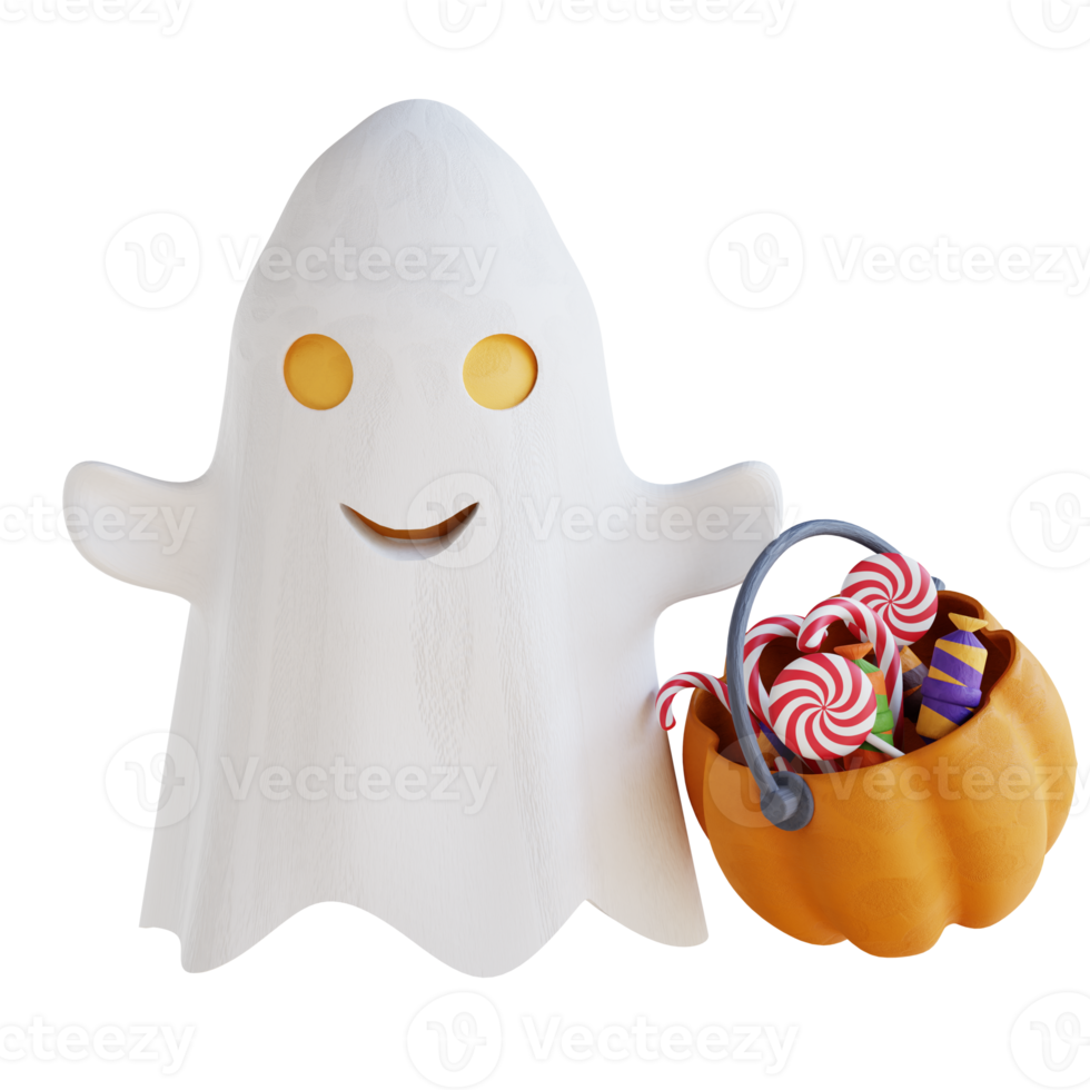 3d illustration cute ghost and pumpkin filled with candy png