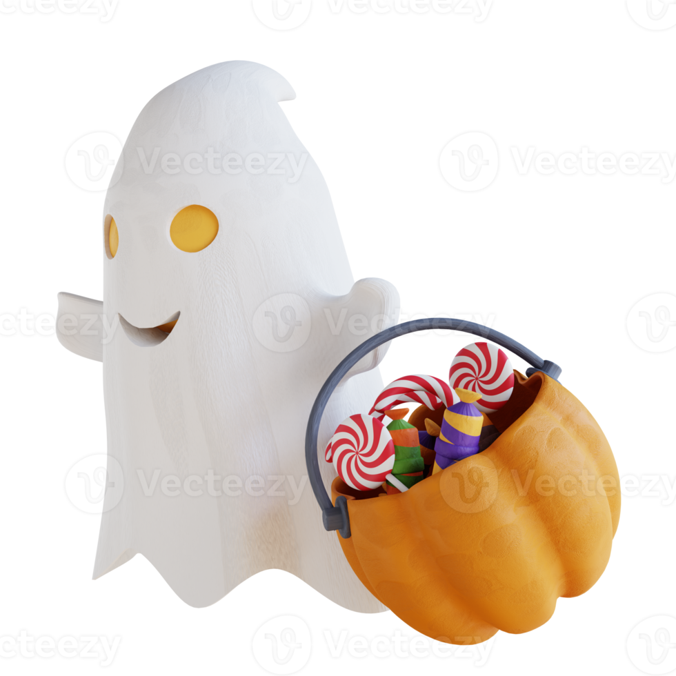 3d illustration cute ghost and pumpkin filled with candy png