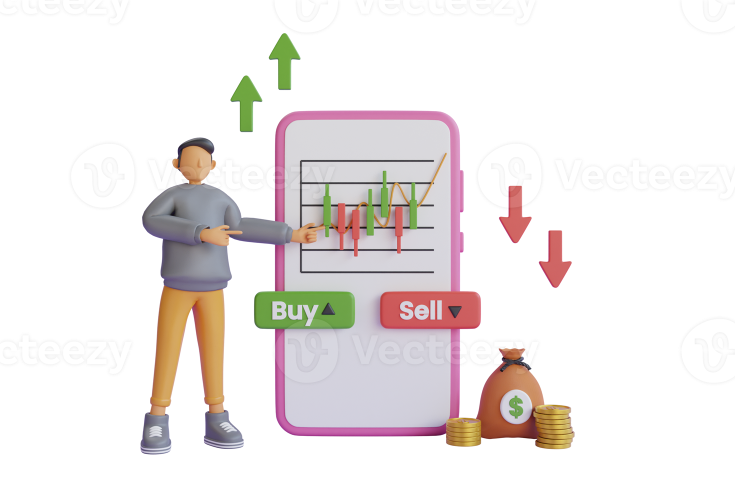 3d smartphone con grafico grafico acquistare e vendere condivisioni, azione mercato indice, candelabro, trading grafico, azione mercato grafico, finanziario investimento grafico. acquistare e vendere pulsante. Telefono con acquistare e vendere pulsanti png