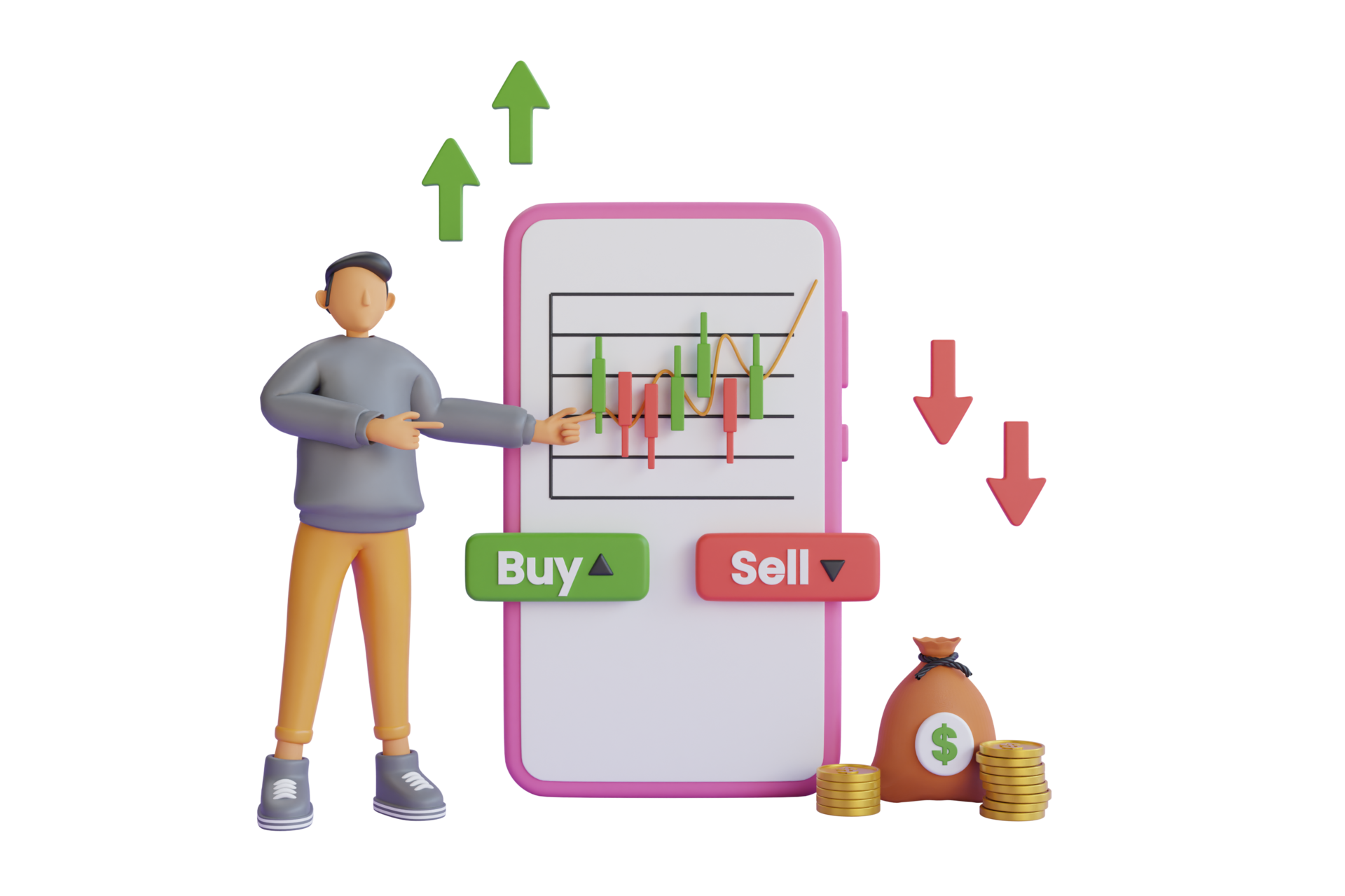 3D Smartphone With Graph Chart Buy And Sell Shares Stock Market Index 