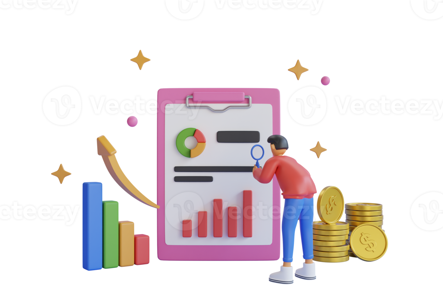 conceito de estratégia de negócios 3D. gráficos e gráfico com caráter de empresário, análise de dados financeiros de negócios. gráficos e gráficos, análise de dados financeiros de negócios, moedas de dólar, lupa, png