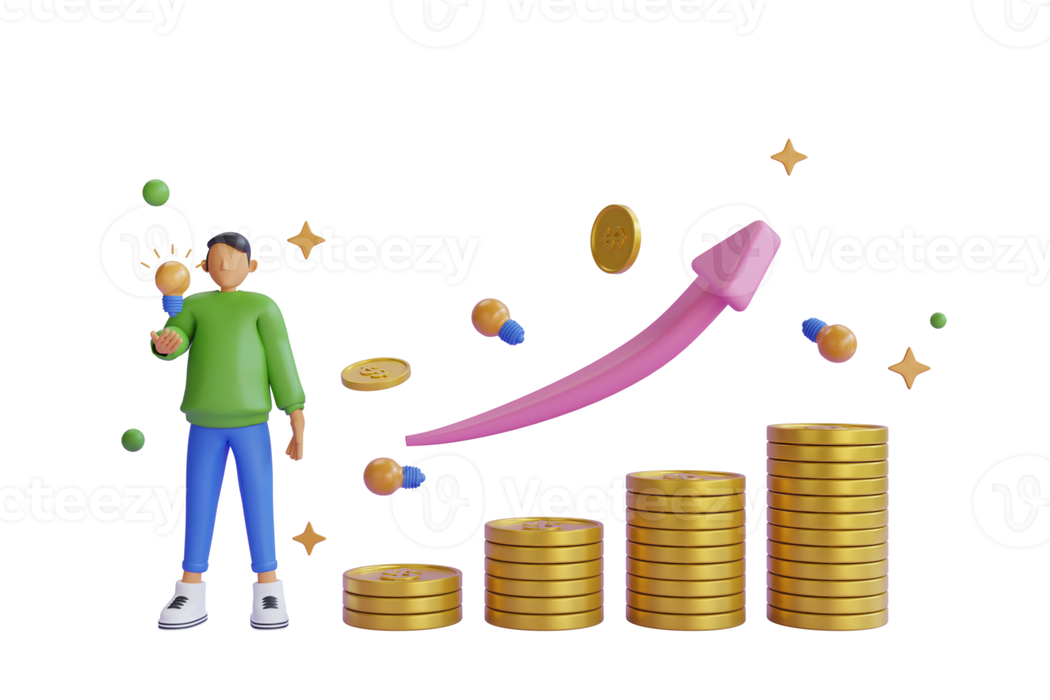 Gráfico 3d flecha arriba en pilas de monedas. éxito financiero y concepto de crecimiento. dinero de monedas de oro, icono de gráfico de negocios. flecha rosa hacia arriba y pilas de monedas sobre fondo morado. representación 3d png