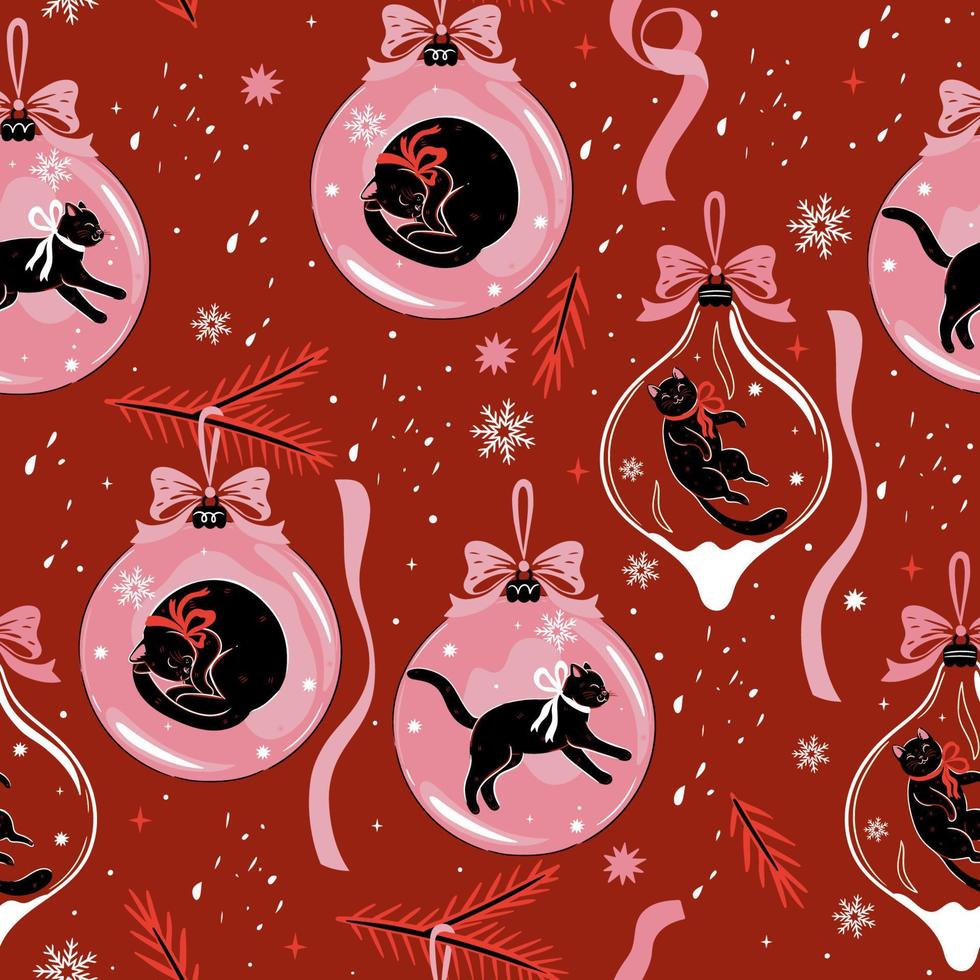 Christmas seamless pattern with Christmas balls and black cats. Vector graphics.