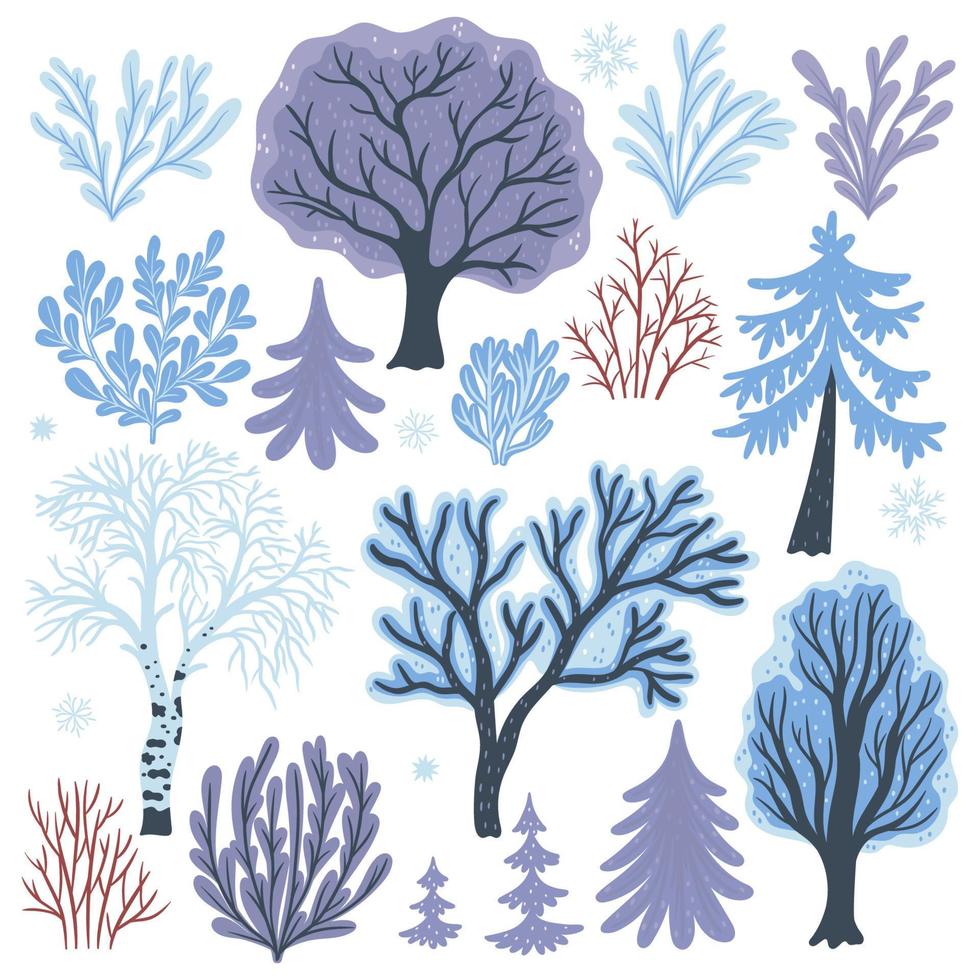 Set of winter bushes and trees isolated on white background. Vector graphics.