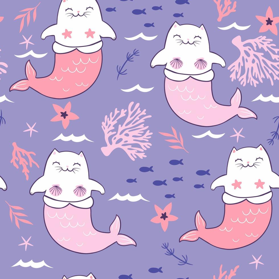 Seamless pattern with cute mermaid cats. Vector graphics.