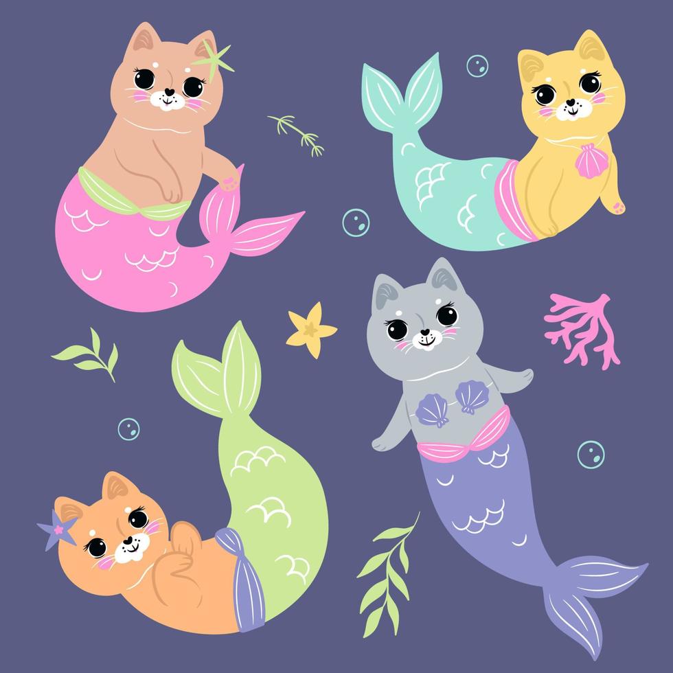 Set of cute mermaid cats. Vector graphics.