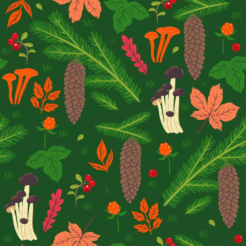 Forest seamless pattern with cones, berries, mushrooms, leaves. Vector graphics.