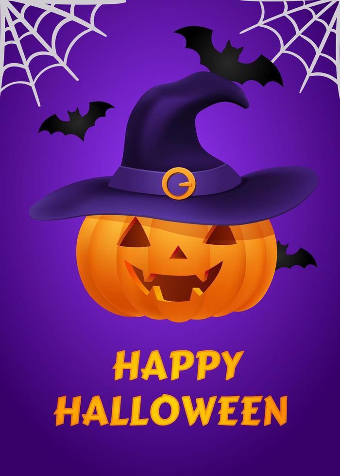 cartel de feliz halloween para la fiesta. pancarta o invitación, jack o linterna de calabaza naranja con cara sonriente tallada en sombrero de bruja. telaraña, telaraña y murciélagos volando sobre fondo morado. vector de otoño.