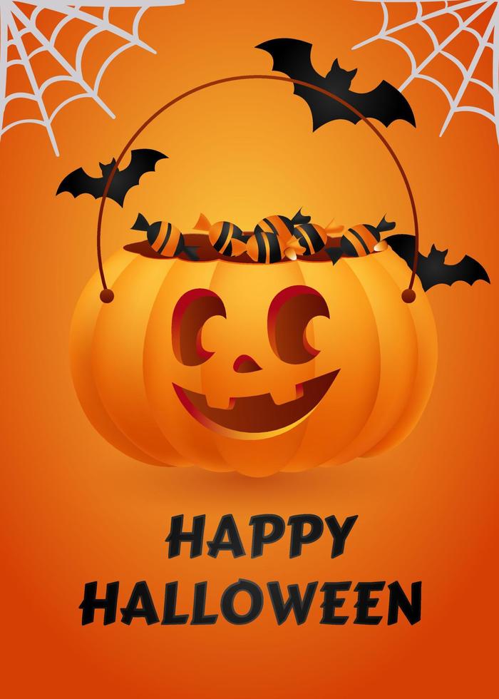 Happy Halloween poster for party. Banner or invitation, orange candy bag pumpkin jack o lantern with carved smiling face. Spiderweb, gossamer and bats flying on orange background. Autumn vector. vector
