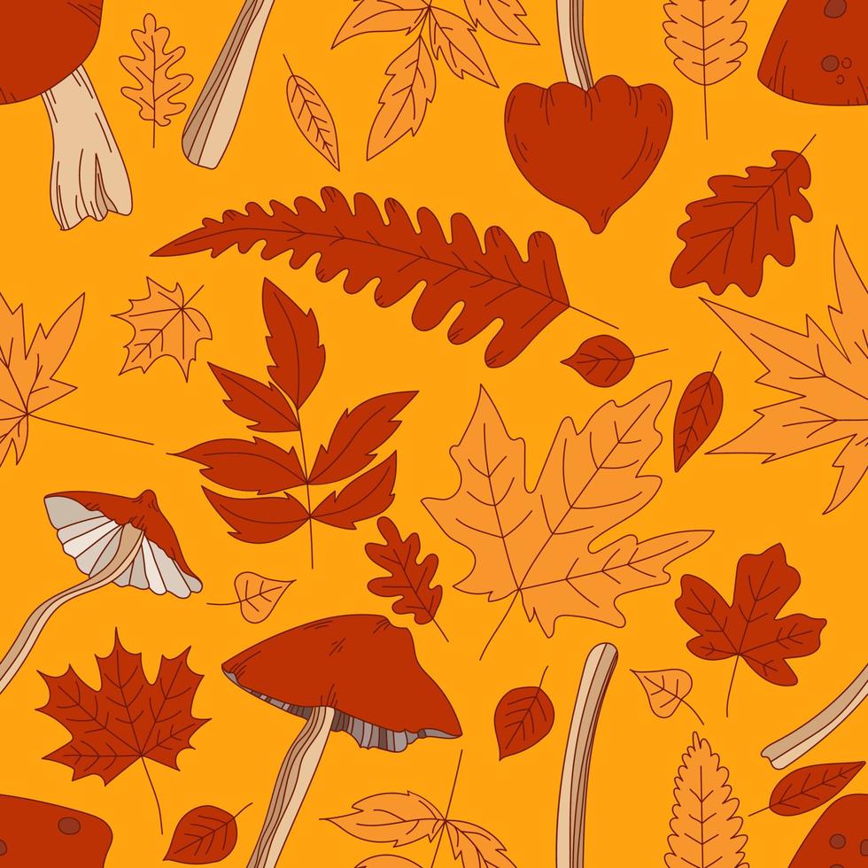 Seamless pattern. Hand drawn line vector various types of mushrooms and autumn leaves oak, maple, birch, foliage orange, yellow and red. Fall leaf illustration. Flat design. Background texture.