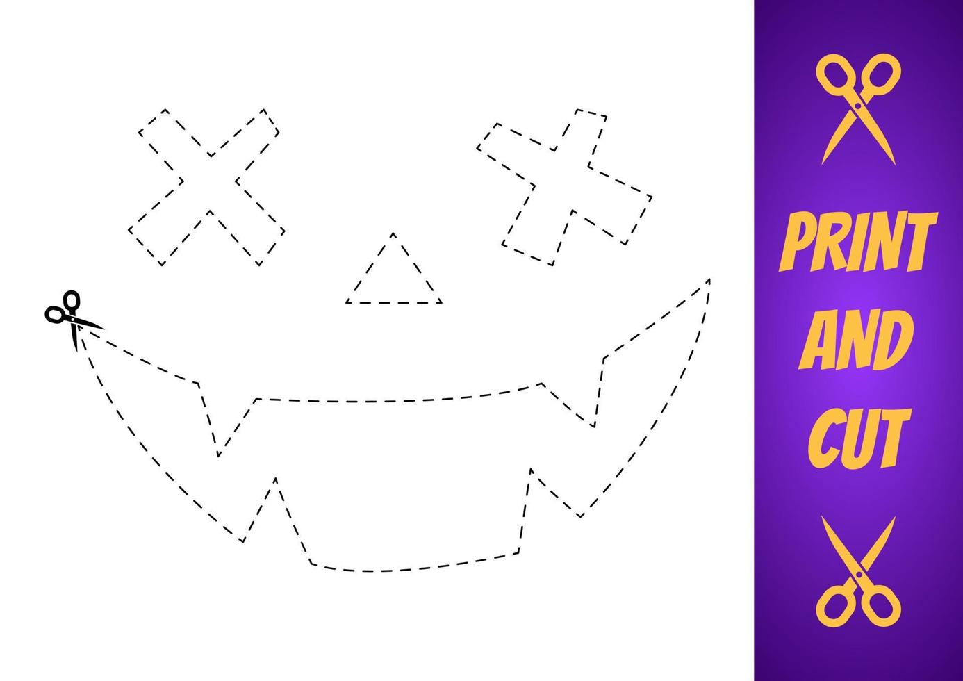 Print and cut template for Halloween. Pumpkin face cutting line, die kit for kids. Make funny face on pumpkin by stamp. Cut out by border stroke then paint silhouette. Carving face layout sample. vector
