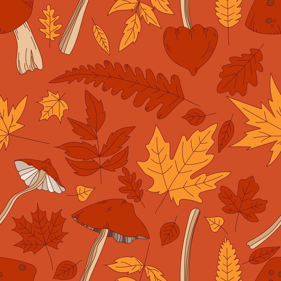 Seamless pattern. Hand drawn line vector various types of mushrooms and autumn leaves oak, maple, birch, foliage orange, yellow and red. Fall leaf illustration. Flat design. Background texture.