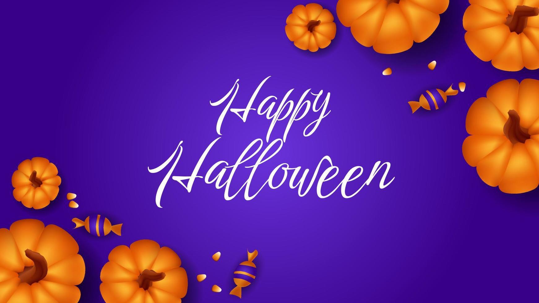 feliz plantilla de banner de halloween con calabaza naranja y dulces. cartel, tarjeta, etiqueta, pancarta. ilustración vectorial con calabazas, maíz dulce. fondo morado vista superior aérea con espacio de copia. vector