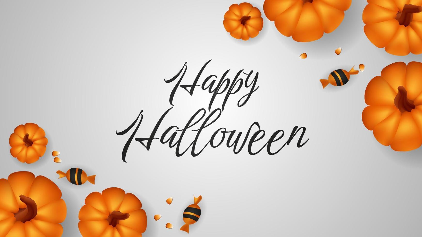 Happy Halloween text on banner template with orange pumpkin and candy. Poster, card, label, banner. Vector illustration with pumpkins, sweet corn. White background. Overhead top view with copy space.