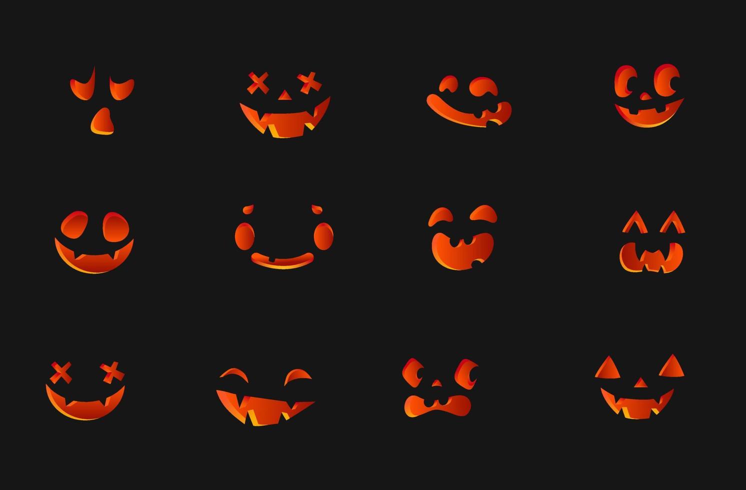 colección de siluetas de caras talladas de calabazas lindas de halloween. naranja rojo 3d emociones brillantes. plantilla con variedad de ojos, bocas y narices para cortar jack o linterna. ilustración vectorial vector