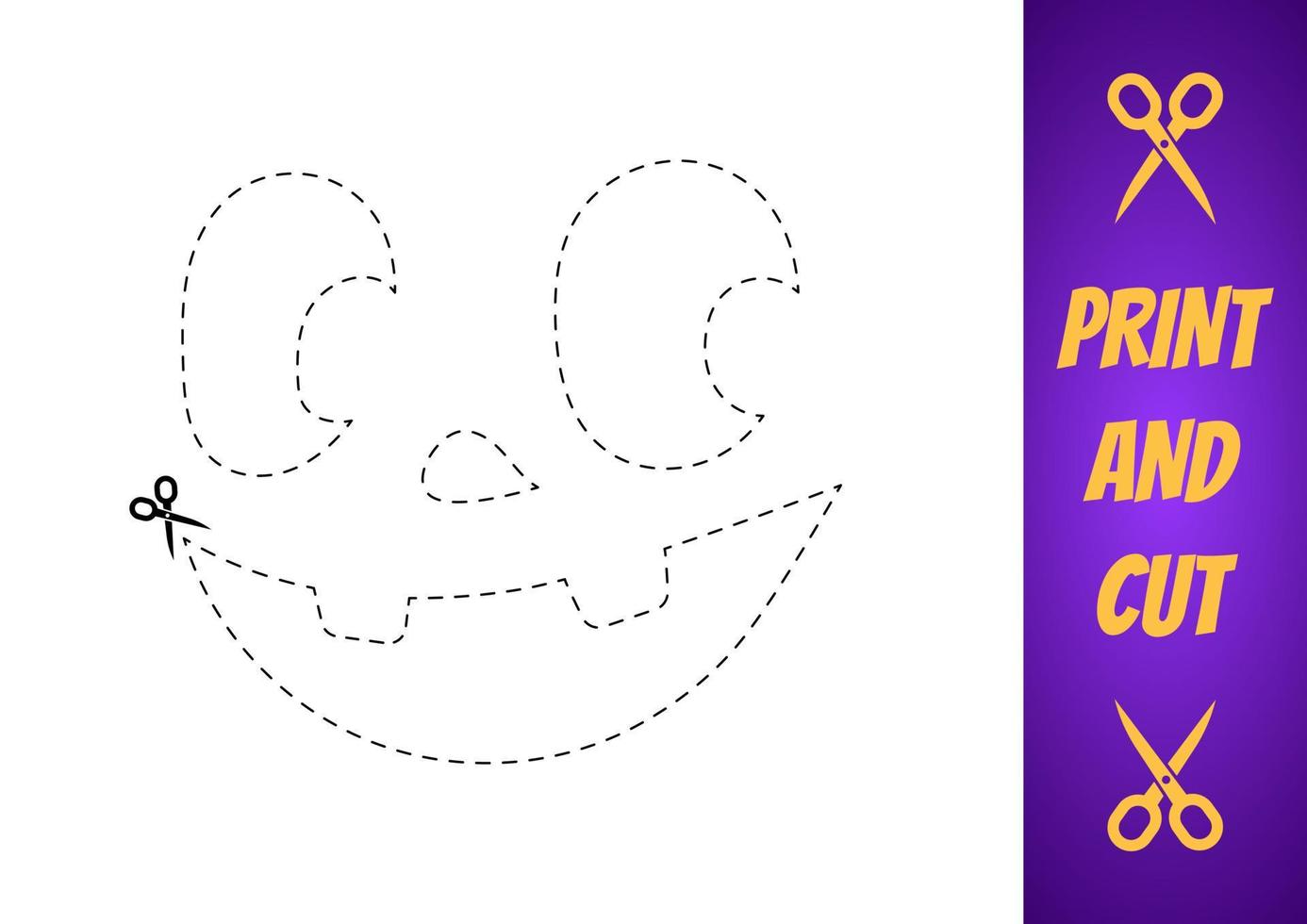 Print and cut template for Halloween. Pumpkin face cutting line, die kit for kids. Make funny face on pumpkin by stamp. Cut out by border stroke then paint silhouette. Carving face layout sample. vector