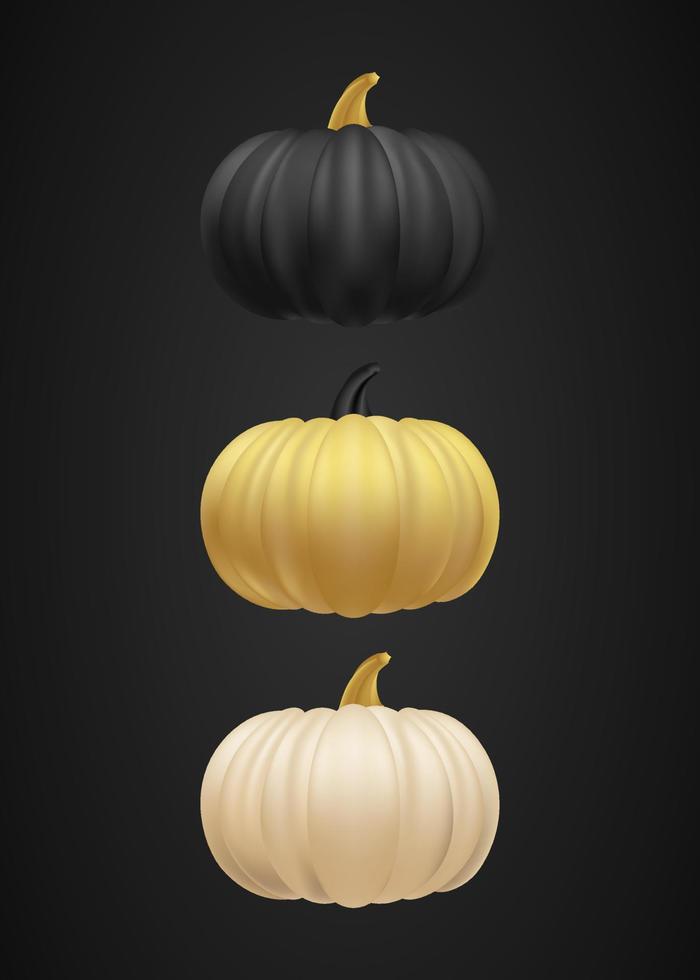 conjunto de calabaza realista negro aislado sobre fondo oscuro. lujo dorado y colección de calabazas beige ilustración vectorial. Halloween vegetal de otoño moderno o símbolo y decoración de acción de gracias. vector