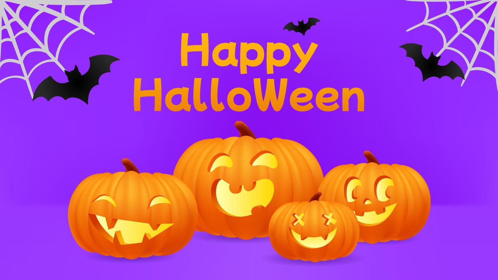 Happy Halloween purple banner, template or party invitation background with jack o lantern face cute pumpkins, spiderweb, gossamer and bats on table scene. 3d vector illustration realistic pumpkin.