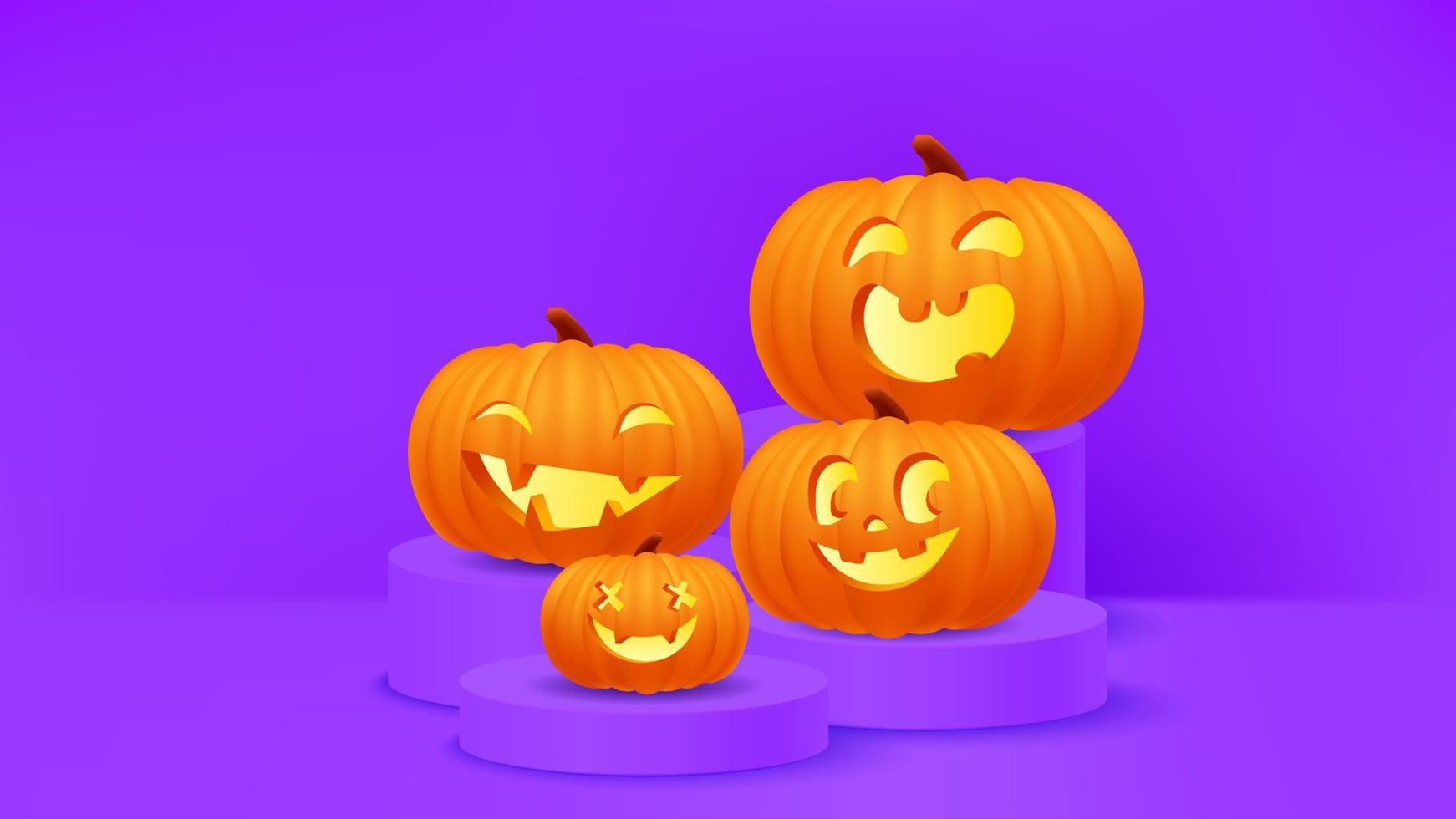 Happy Halloween purple banner, template or party invitation background with jack o lantern face cute pumpkins on podium scene. 3d vector illustration realistic pumpkin.