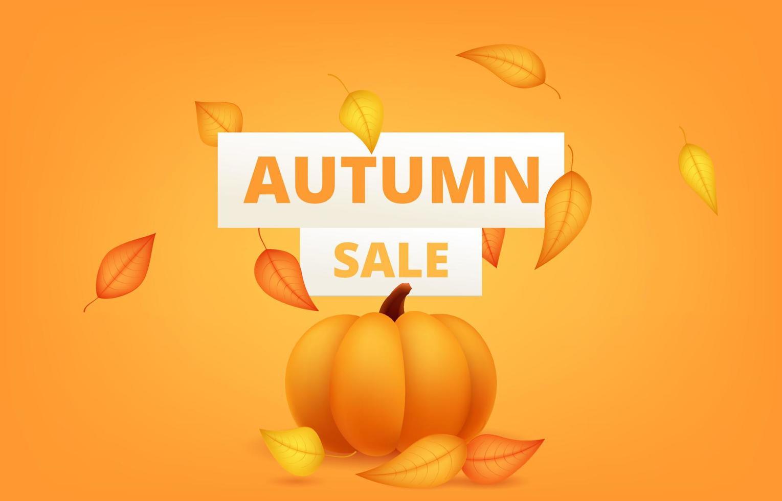 Autumn sale banner template with pumpkin and leaf. Poster, card, label, web banner. Vector illustration Happy Thanksgiving composition with pumpkins, autumnal leaves. Discount for shop graphic design.