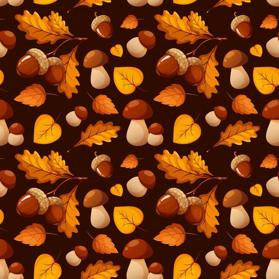 Seamless pattern with porcini mushrooms, acorns and autumn leaves on brown dark background vector