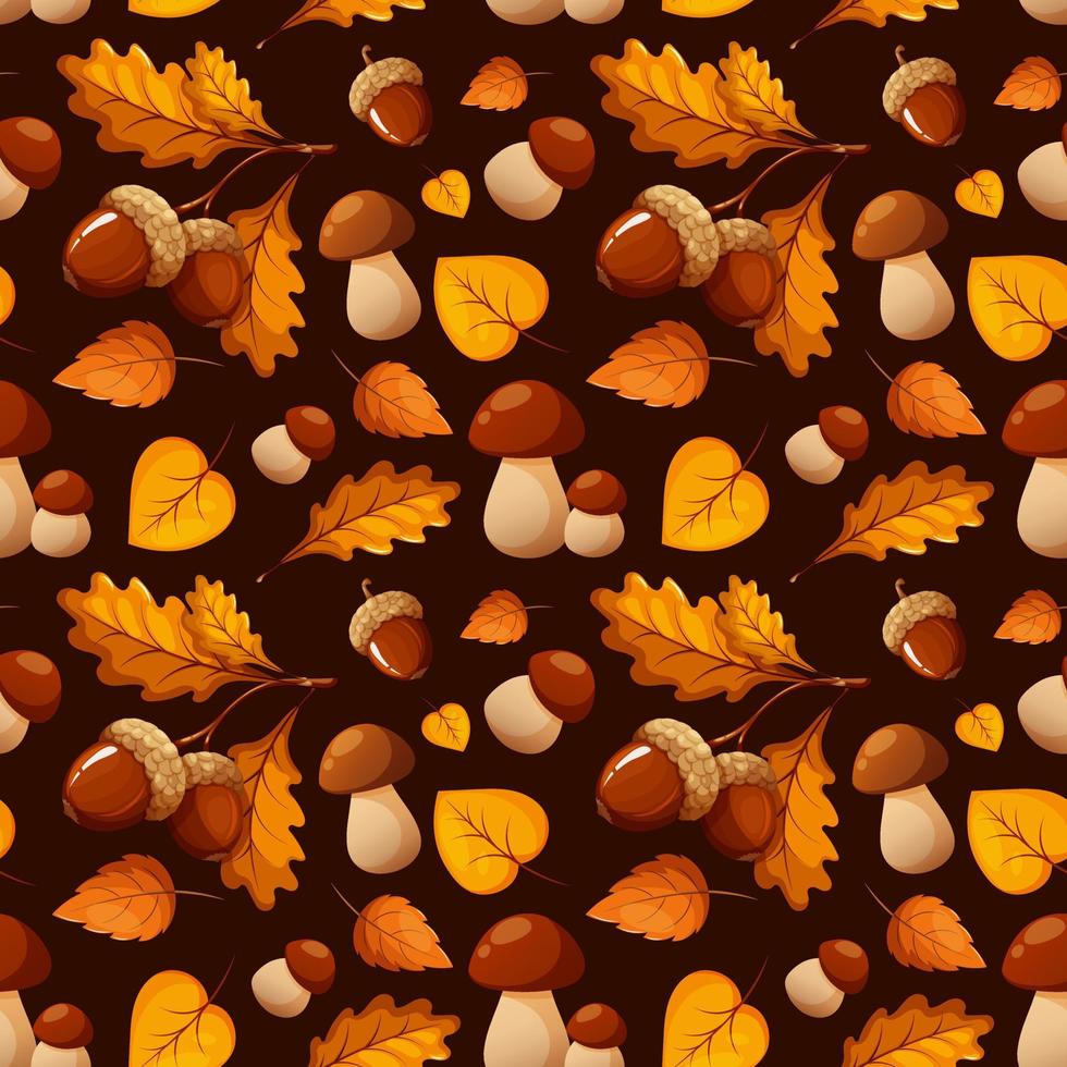 Seamless pattern with porcini mushrooms, acorns and autumn leaves on brown dark background vector