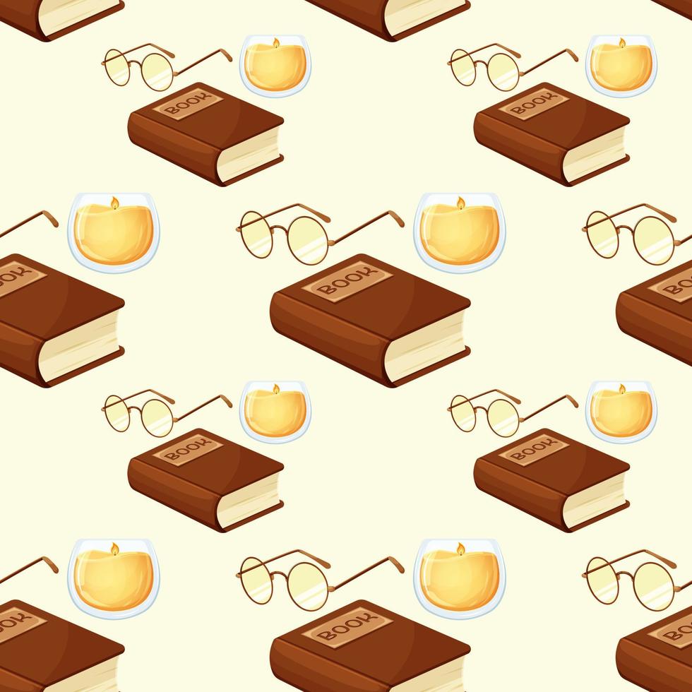 Seamless pattern with glasses, book and candlestick on light background. Book day, book time vector