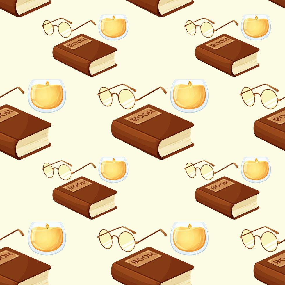 Seamless pattern with glasses, book and candlestick on light background. Book day, book time vector