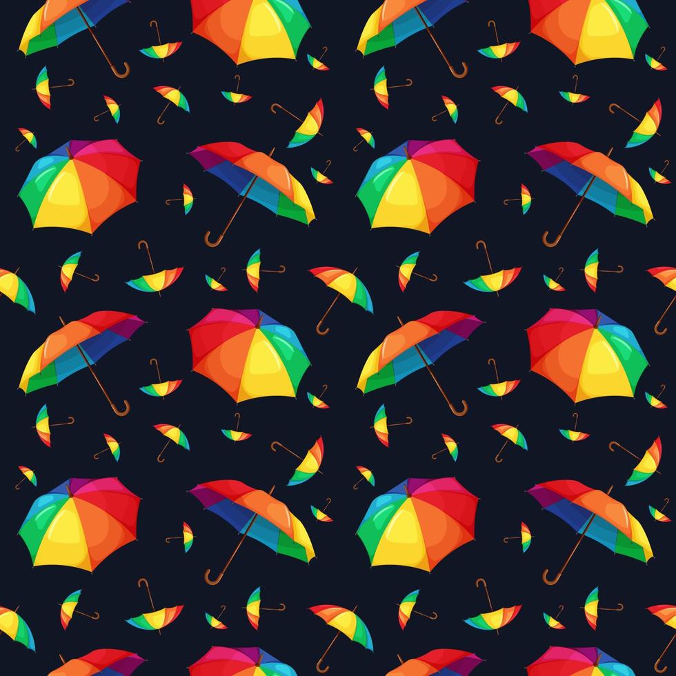 patrón sin costuras con sombrillas de arco iris sobre fondo azul oscuro vector