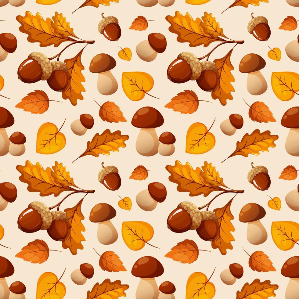 Seamless pattern with porcini mushrooms, acorns and autumn leaves on white light background vector