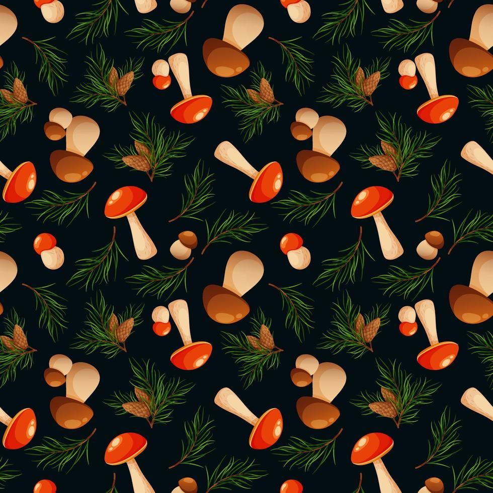 Seamless pattern with pine branches and mushrooms. Forest pattern, mushrooms and needles on dark background vector