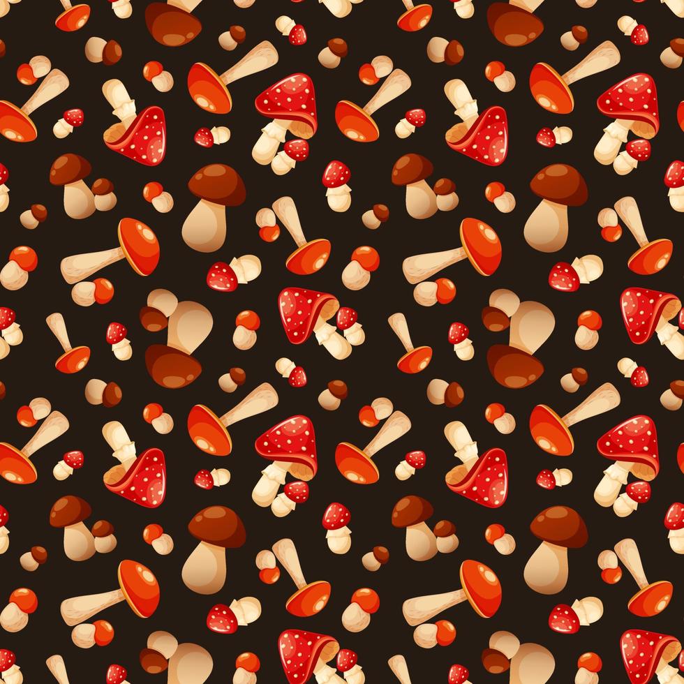 Seamless pattern with autumn mushrooms. Fly agaric, white mushroom, aspen on dark background vector