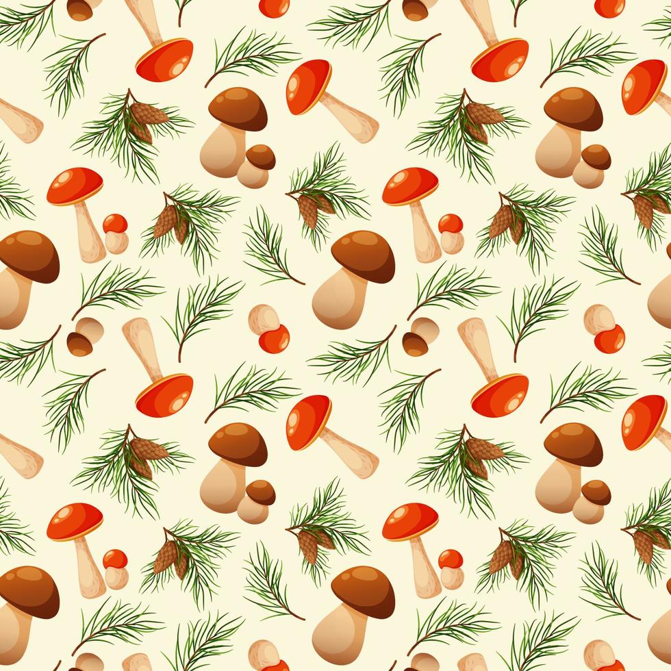 Seamless pattern with pine branches and mushrooms. Forest pattern, mushrooms and needles on light background vector
