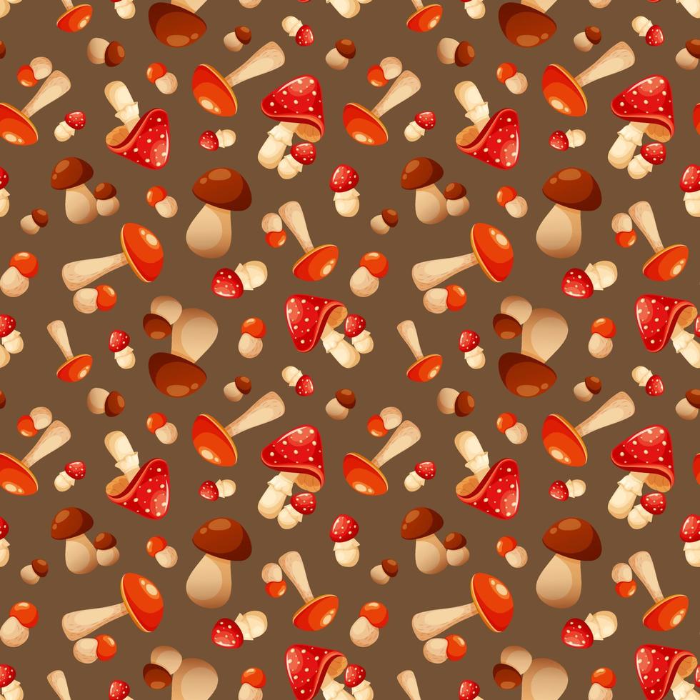 Seamless pattern with autumn mushrooms. Fly agaric, white mushroom, aspen on beige background vector