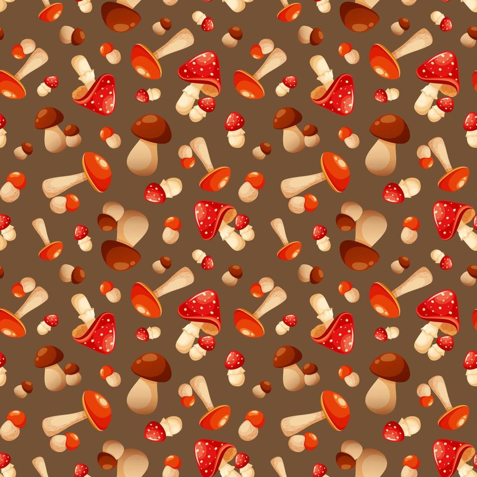 Seamless pattern with autumn mushrooms. Fly agaric, white mushroom, aspen on beige background vector