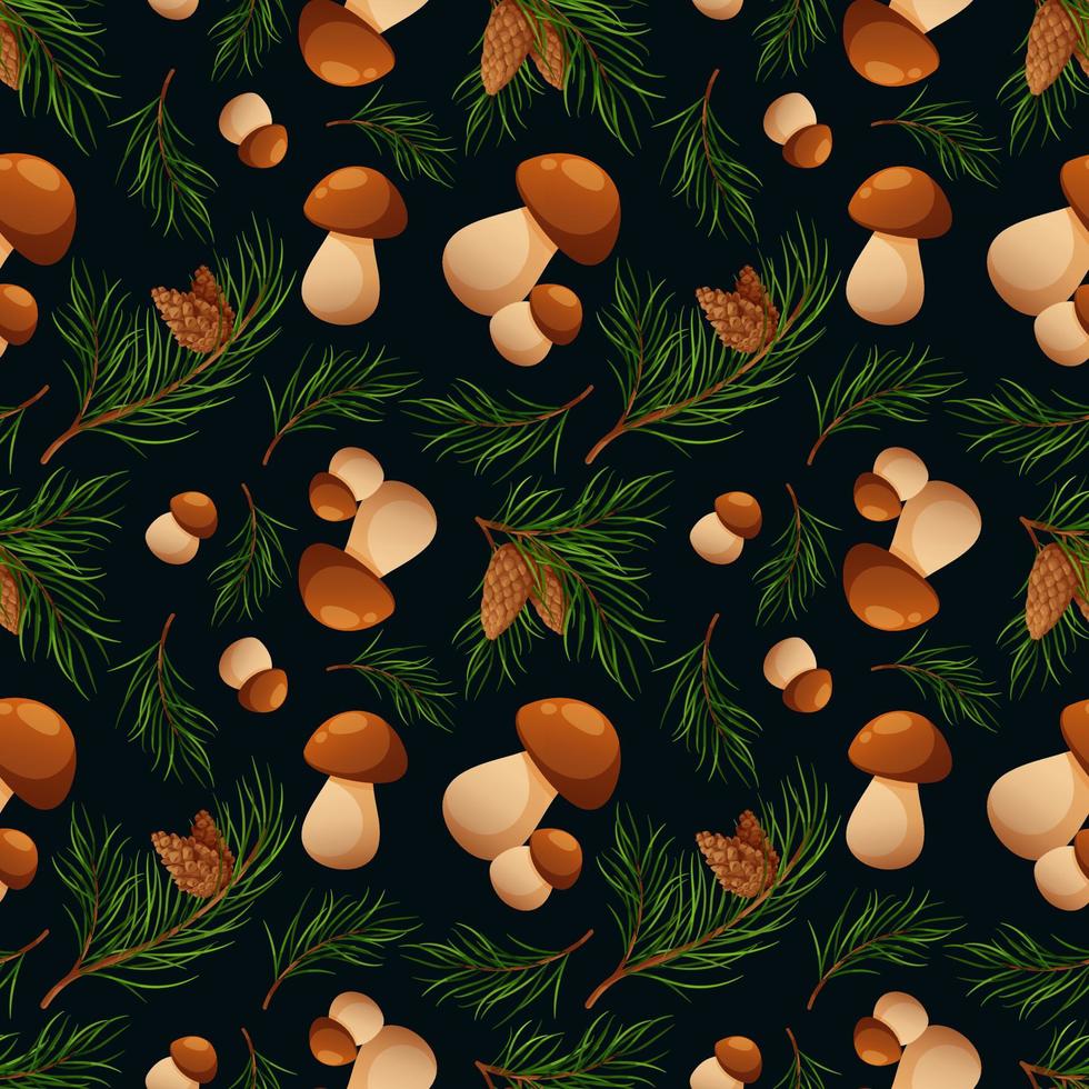 Seamless pattern with pine branches and porcini mushrooms. Forest pattern, mushrooms and needles on dark background vector