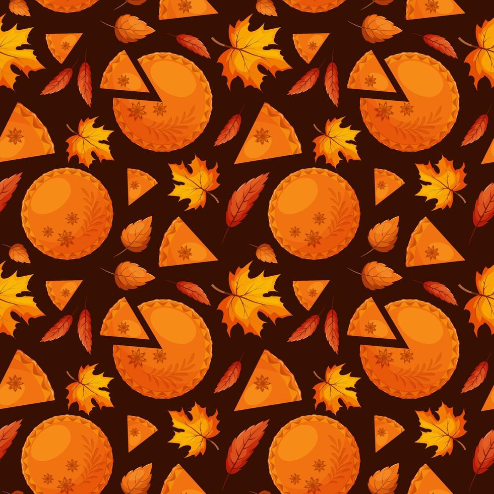 Seamless pattern with pumpkin pie, piece of pie and autumn leaves on dark background vector