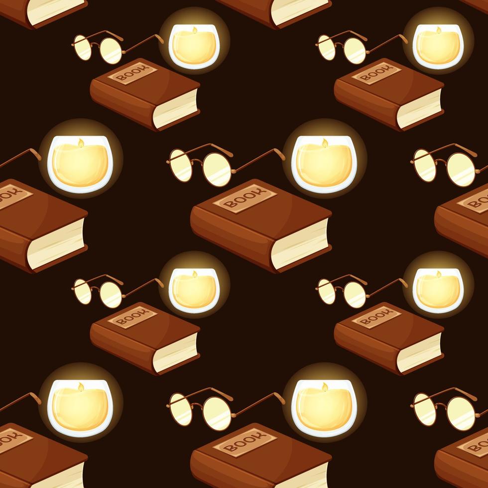 Seamless pattern with glasses, book and burning candles on dark brown background. Book day, book time vector