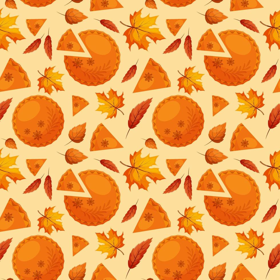 Seamless pattern with pumpkin pie, piece of pie and autumn leaves on light background vector