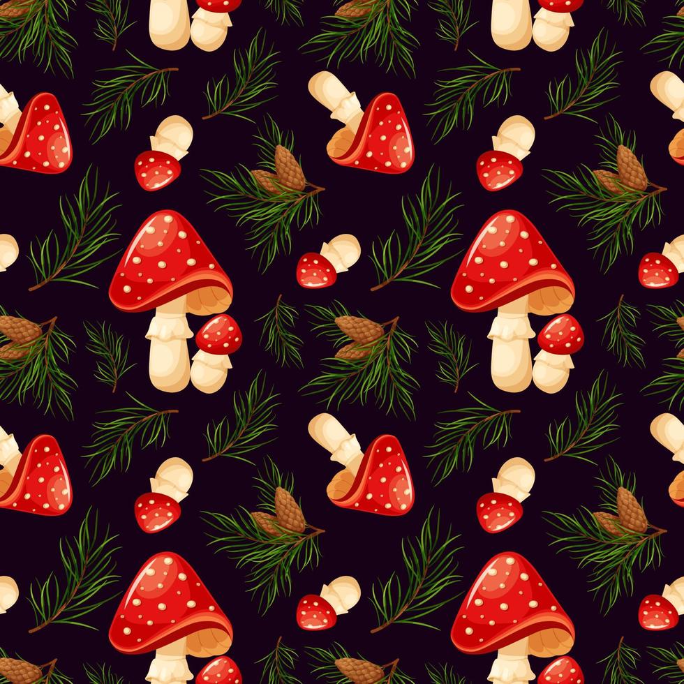 Seamless pattern with pine branches and fly agarics. Forest pattern, fly agarics and needles on dark background vector