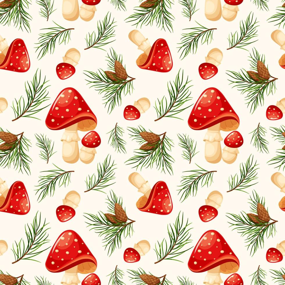 Seamless pattern with pine branches and fly agarics. Forest pattern, fly agarics and needles on light background vector